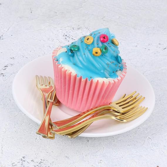 Cabilock 24pcs Disposable Mini Fork Fruit Dessert Pudding Forks Mini Plastic Tasting Forks for Appetizer Desserts Cocktail Cake Fruit Wedding Party Gold