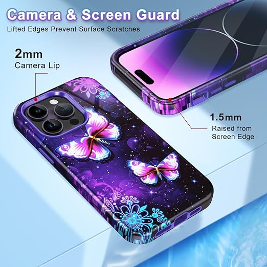 CASEFIV Compatible with iPhone 14 Pro Case,Marble Pattern 3 in 1 Heavy Duty Shockproof Full Body Rugged Hard PC+Soft Silicone Drop Protective Women Girls Cover for iPhone 14 Pro, Purple Butterfly