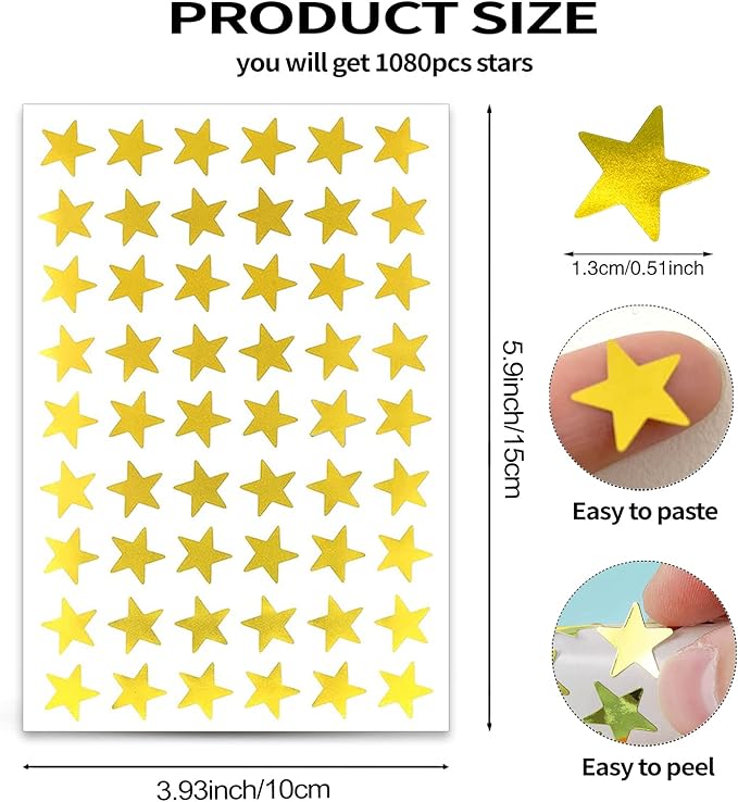 1080 Gold Star Stickers - Foil Star Stickers for Youngsters, DIY & Office Decoration, Student Planner & Classroom Teacher Supplies