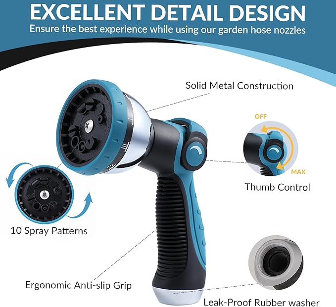 Garden Hose Sprayer Nozzle - Water Hose Nozzle with 10 Adjustable Spray Patterns Heavy Duty, Thumb Control On Off Valve, High Pressure Hose Sprayer Nozzle for Garden Hose Outdoor