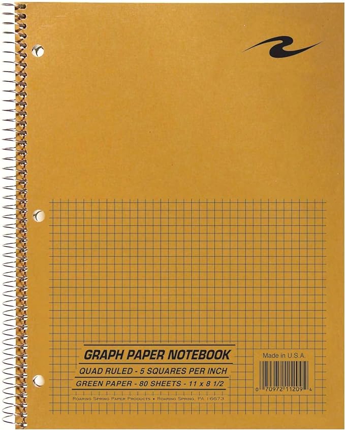 Roaring Spring Lab Notebook, 1 Subject, Wirebound, 5x5 Graph Ruled, 11" x 8.5", 80 Sheets, Green paper