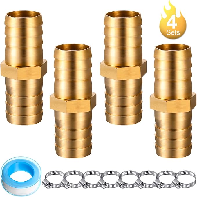 4 Pieces 34 Inch Garden Hose Repair Mender Solid Brass Water Hose Connector Splicer Mender with 8 Pieces Stainless Steel Tightening Clamp and Seal Tape