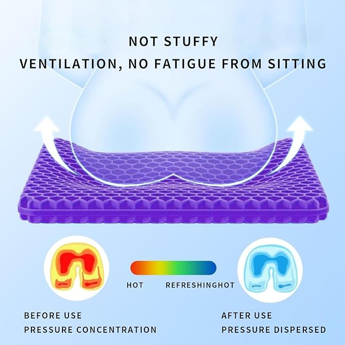 Ergonomic Gel Seat Cushion for Long Sitting, Tailbone and Coccyx Pain Relief, Office Chair Comfort, Wheelchair Pad, Chair Cushion for Back Support, Comfort Wheelchair Seat Cushions (Light Purple)
