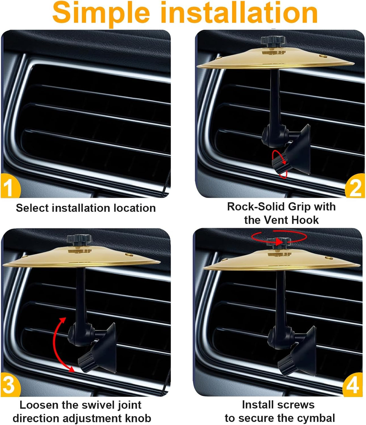 Car Cymbal Air Vent, Car Symbol Drum Air Vent, Crash Dash Board Drum Symbol, Mini Drums Crash Cymbal For Music Lovers(Gold)