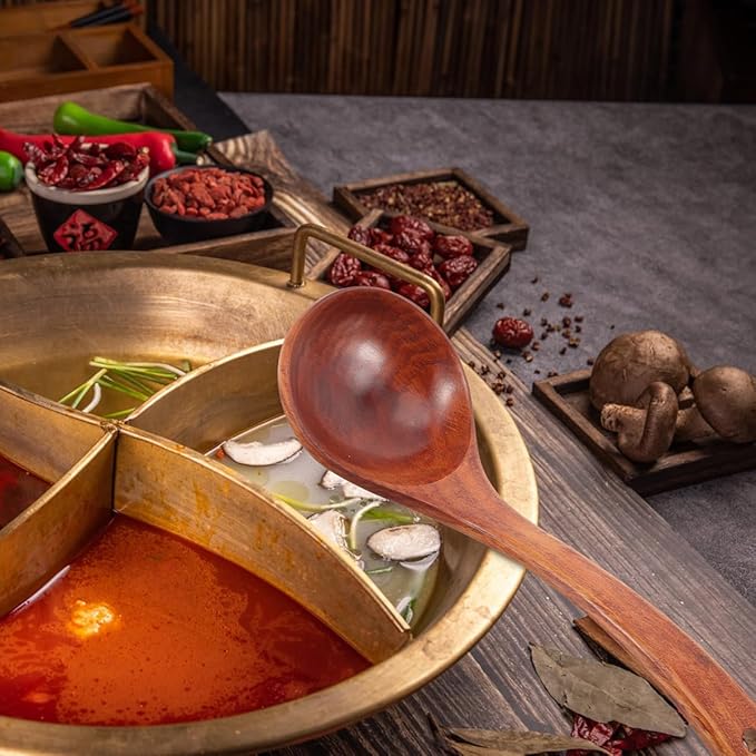 Handcrafted Vintage Lacquered Wooden Spoon Large Soup Spoon for Kitchen Cooking Serving Natural Wooden Utensil with Long Curved Handle