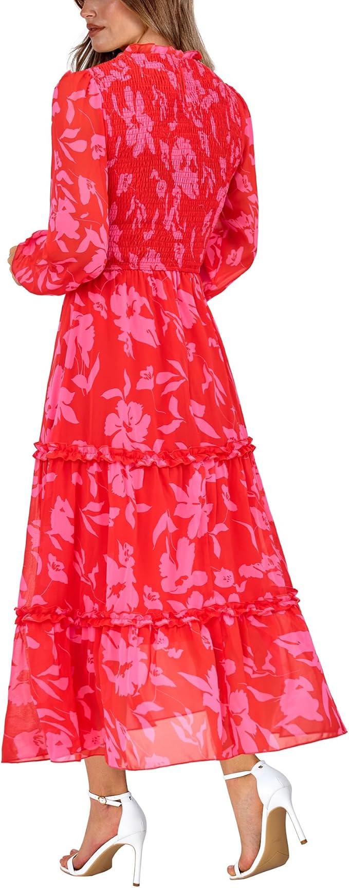NOLLSOM Women 2025 Spring Dress Floral Boho Dress Casual Long Sleeve Crew Neck Ruffle A-Line Flowy Wedding Guest Maxi Dresses
