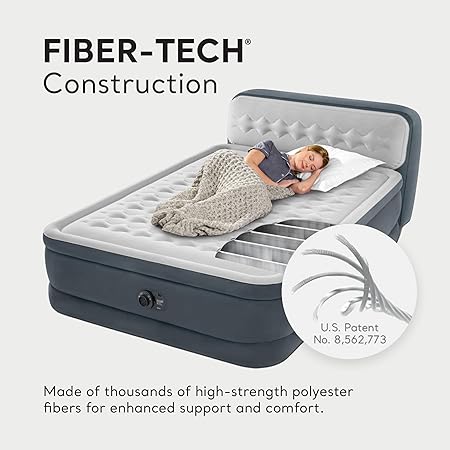 Intex 64447ED Dura-Beam Deluxe Ultra Plush Air Mattress with Headboard: Fiber-Tech Queen Size Built-in Electric Pump 18in Bed Height 600lb Weight Capacity
