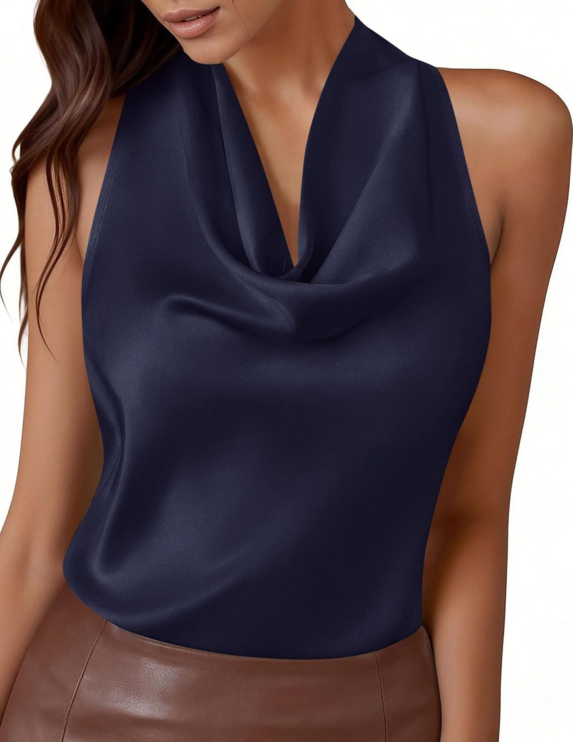 PRETTYGARDEN Silk Satin Halter Tops for Women Summer 2026 Cowl Neck Tie Back Going Out Sleeveless Business Casual Tank Top.