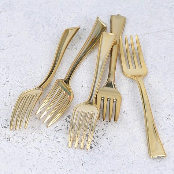 Cabilock 24pcs Disposable Mini Fork Fruit Dessert Pudding Forks Mini Plastic Tasting Forks for Appetizer Desserts Cocktail Cake Fruit Wedding Party Gold