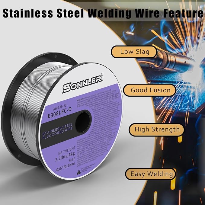 E308LFC-O .035-Diameter Stainless Flux Core Welding Wire, 0.9mm SONNLER 2-pound Stainless Steel Welding Wire, Low Splatter Stainless Steel MIG Wire Compatible With All MIG Welder