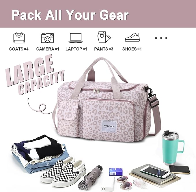 WOOMADA Foldable Travel Duffel Bag with Shoes Compartment, Overnight Bag with Wet Pocket Trolley Sleeve, Weekender Bags for Women(A-pink leopard)