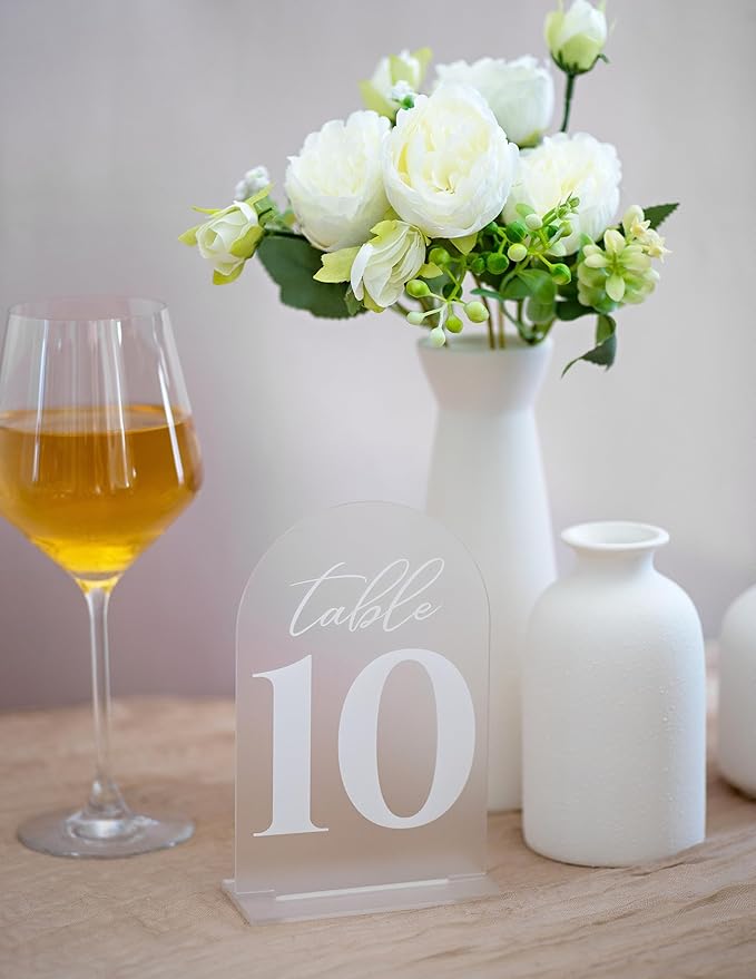 Frosted Wedding Table Numbers w/Stands 1-15, Bold, White Print 4x6 Arch Acrylic Table Numbers - Elegant & Sturdy Reusable Table Numbers for Wedding Reception Centerpiece