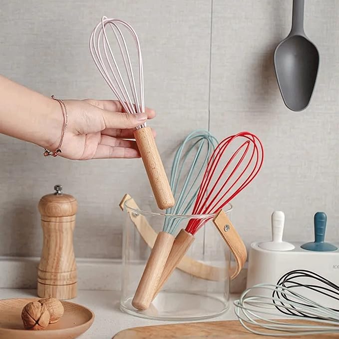 Cooking Wood Handle Egg Beater Whisk Manual Silicone Cream Mixer Stirring Milk Mixing Whisking Kitchen Utensil Baking Accessories Mixer