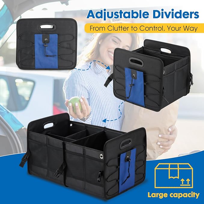 Large Car Trunk Organizer - Durable Oxford Cloth Car Storage Box with Flexible Dividers, Mesh Pockets Foldable Design for SUVs, Cars Groceries