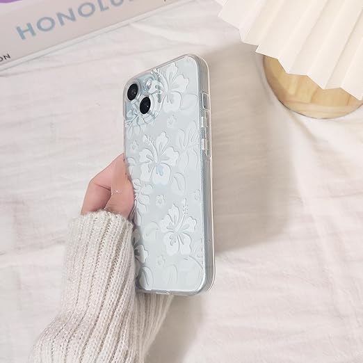 Compatible for iPhone 15 Case Cute Clear Hibiscus Flower Floral Aesthetic Printed Design for Girls Women Soft TPU Shockproof Protective Girly for iPhone 15-White