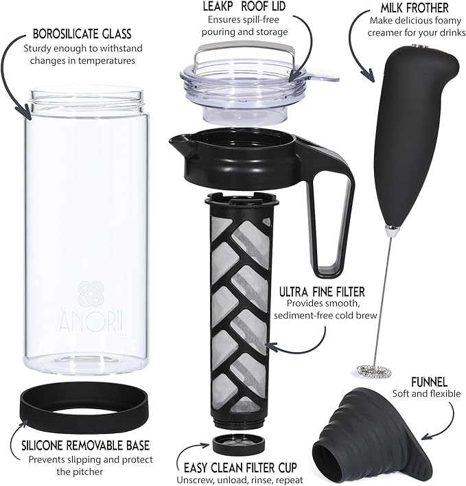 Cold Brew Coffee Maker, Cold Brew Coffee Pitcher, Cold Brew Pitcher for Fridge, 44oz Cold Brew Carafe, Glass Tea Kettle, Brewer Decanter for Brewing Iced Coffee Tea, Cold Brew Set