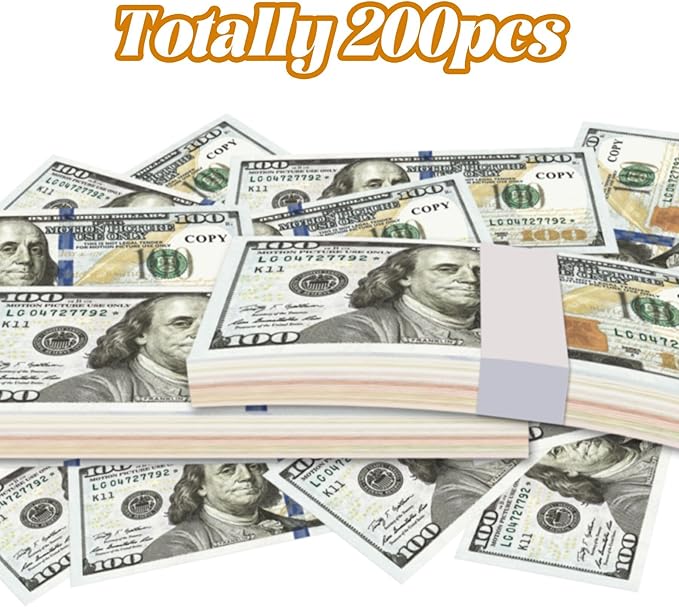 Flyart 200 PCS Prop Money for Pretend Play, Play Money for Learning, Movie, Board Game, Party