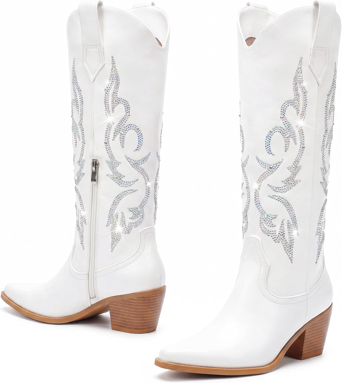 White Cowboy Boots for Women - Wide Calf Rhinestone Cowgirl Boots, Women Knee High Western Boots, Glitter Sparkly Ladies Tall Boots with Classic Embroidery and Side Zipper, Retro Classic Country Boots Pull On for Ladies