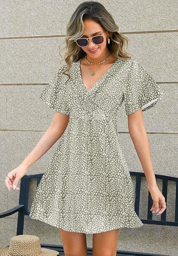 ETCYY NEW Womens Summer Dresses Slant Open V Neck Floral Printed Sundresses Flowy Dress Short Sleeve