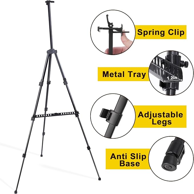 Easel for Painting Art Easel Stand for Adults 17" to 66" Portable Easel Stand for Sign Table TopFloor Aluminum Metal Easel with Carry Bag Black