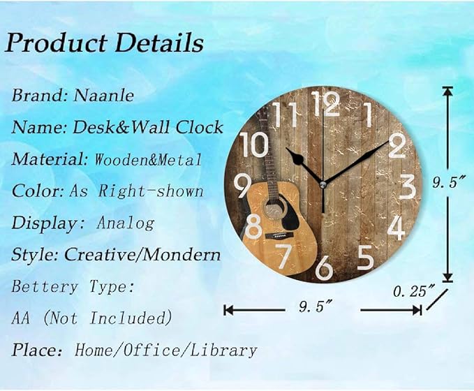 Naanle 3D Retro Wooden Board Guitar Round Wall Clock, 9.5 Inch Battery Operated Quartz Analog Quiet Desk Clock for Home,Kitchen,Office,School,Bathroom