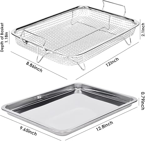 Eyourlife Air Fryer Basket for Oven 12.8" x 9.6", Stainless Steel Crisper Tray Basket Set for Cooking, Baking Broiling Non-Stick, Easy to Clean, 360 Airflow for Even Crispiness