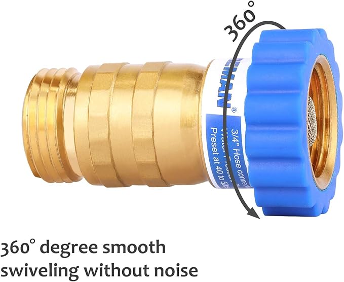 MEASUREMAN Lead-Free Brass Water Pressure Regulator, 40-50 PSI Pressure Reducer for RV, Camper, Trailer, Garden, and Plumbing Systems, Universal 34a Hose Connection, Safe for Potable Water