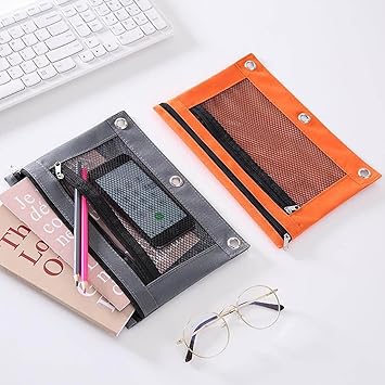 Pencil Pouch for 3 Ring Binder, Clear Window Pencil Case for Binder, Pencil Bags with Zipper Reinforced Grommets, Pencil Case for Binder, Fabric Pencil Pouch (Yellow)