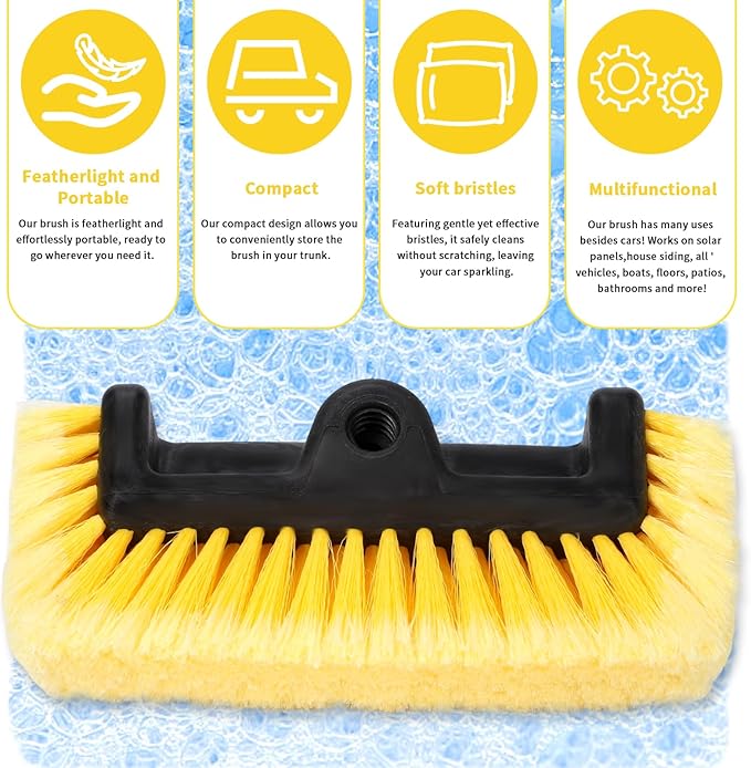 GIANT BEAR 10" Flow-Thru Penta-Level Car Wash Brush Head with Soft Yellow Bristles, Not Hurt Paint Scratch Free Cleaner Tool for Car Rv Truck SUV Deck Home Cleaning.