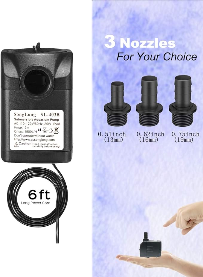 Submersible Pump 400GPH (1500L 25W) Ultra Quiet with Dry Burning Protection 6.5ft High Lift for Fountains, Hydroponics, Ponds, Aquariums & More