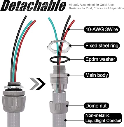 6FT 12-Inch Electrical AC Whip Kit,Nonmetallic Liquid Tight Flexible Electrical Conduit,7.5FT of Connecting Wires 3-Conductor 10-Gauge Wires wStraight90 Degree Fittings