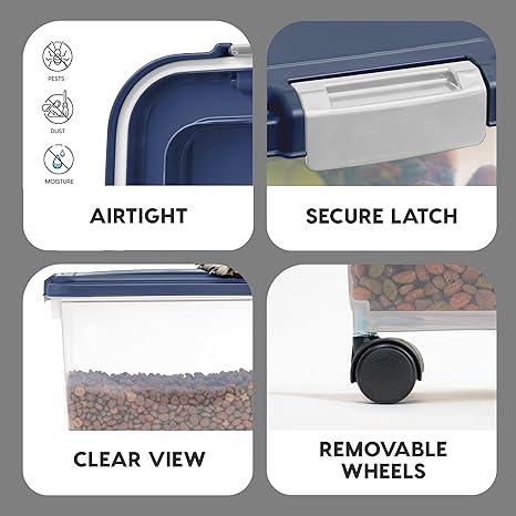 IRIS USA Airtight Dog Food Storage Container, Up to 54 lbs, Attachable Wheels, For Dog Cat Bird and Other Pet Food Storage Bin, Keep Fresh, Translucent Body, Easy Mobility, Navy
