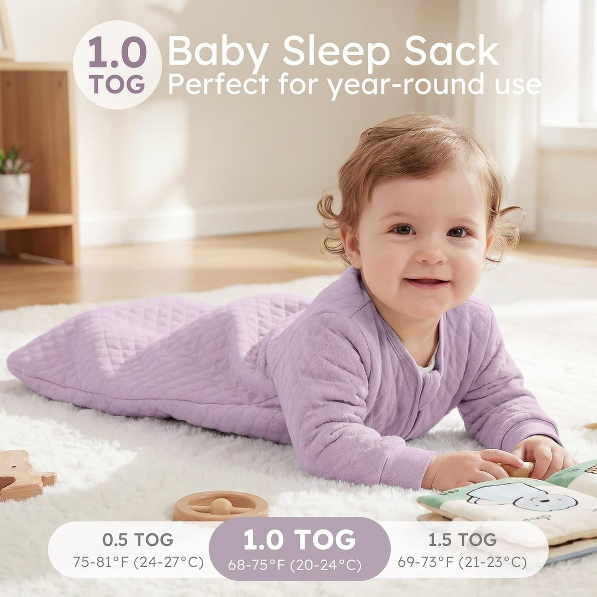 Yoofoss Baby Sleep Sack 12-18 Months 1.0 Tog Long Sleeve Sleep Sack Organic Cotton Wearable Blanket for Toddlers 2-Way Zipper Quilted Sleeping Sacks(Large)