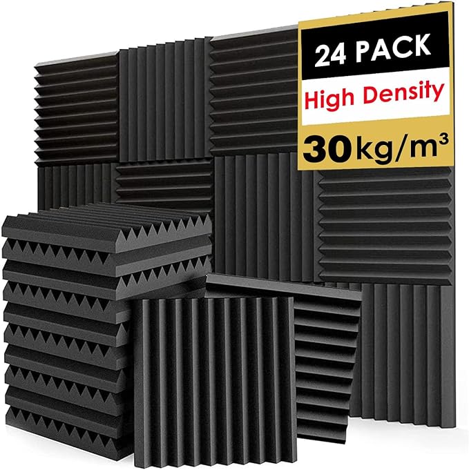 FONESO Acoustic Foam Panels, Soundproof Foam Panels for Walls, High Density Studio Soundproofing Wedges - Fire Resistant Noise Absorbing for Studio, Office, Home (Black, 24Pack)