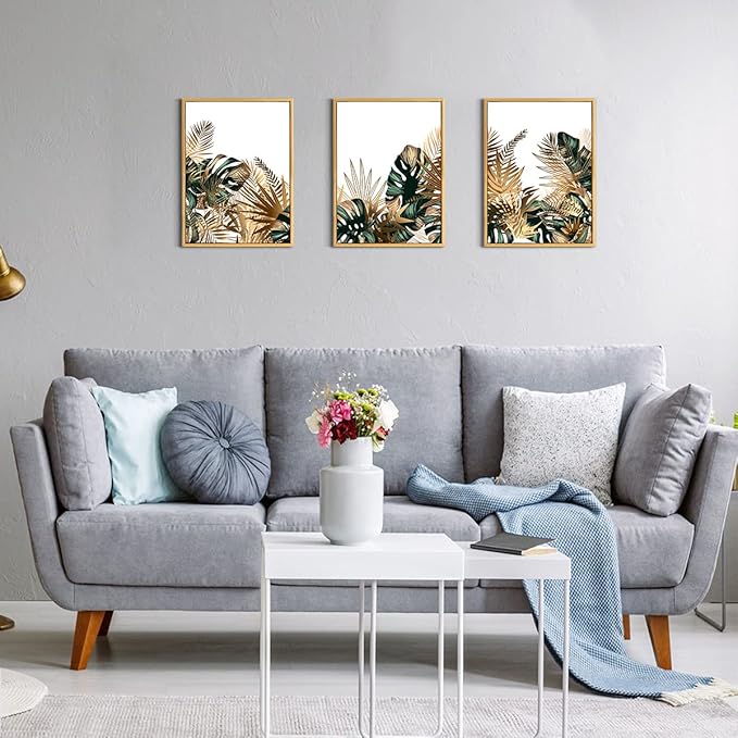 Loomarte Framed Plant Wall Art Simple Tropical Green Leaves Wall Decor Boho Palm Botanical Prints Minimalist Pictures Home Decorations for Living Room Bedroom Bathroom 12x16 Inches Golden Frame,3 PC