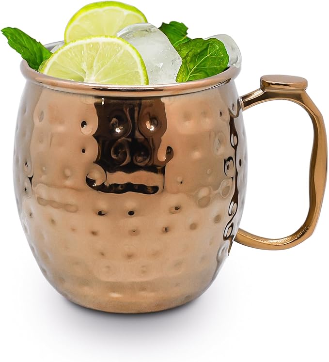 SELECT Set of 2 Hammered Moscow Mule Mugs with Thumb Handle - Rose GoldGoldRainbowMatching Color Handles100 food-grade Stainless Steel16 fl. oz., Regular