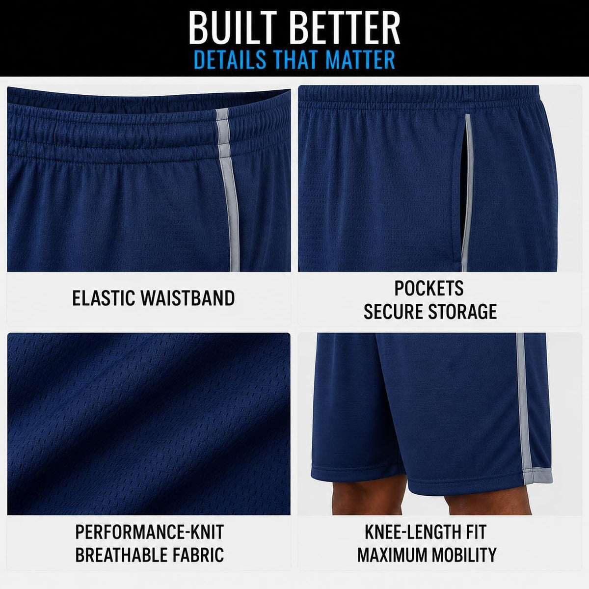 Essential Elements Men’s Athletic Shorts 3 Pack – Quick-Dry Moisture Wicking Basketball, Gym & Workout Shorts with Pockets