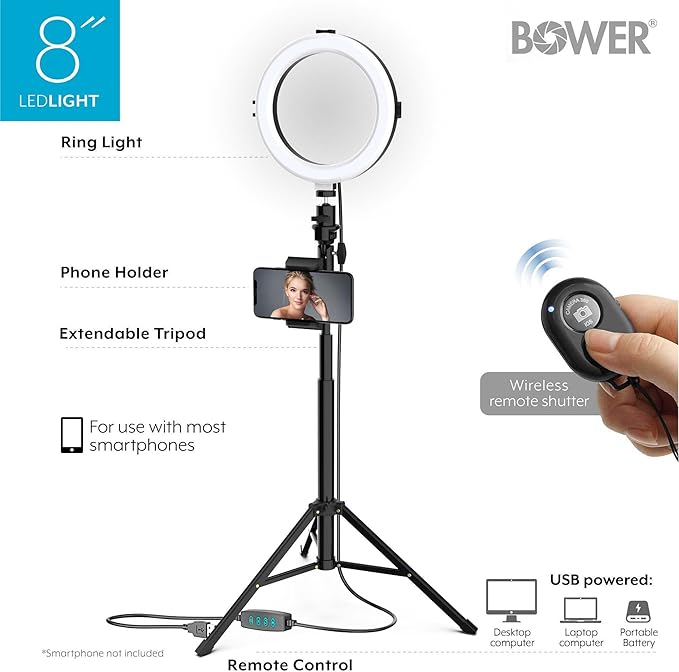 Bower 8" Selfie Ring Light Studio with Adjustable Tripod and Phone Holder Professional Photo and Video Lighting Kit for Vlogging, Streaming, and Social Media Content Creation