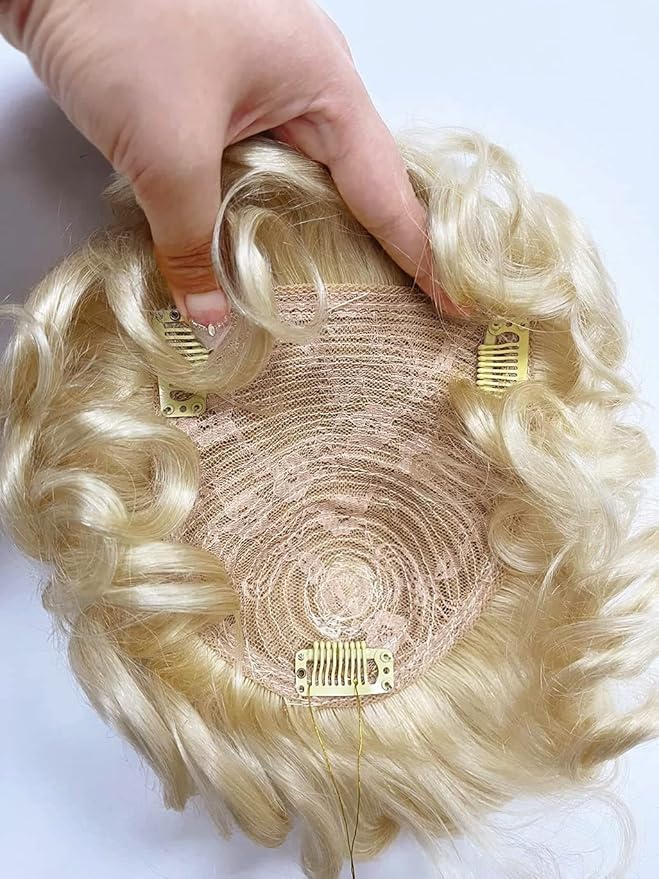 Maery Human Hair Topper Closure Short Curly Hair Topper Clip in Hair Pieces Weaving Hair Replacement Top Hairpieces Wiglet for Women with Thinning Hair 6inch 613 Blonde Color