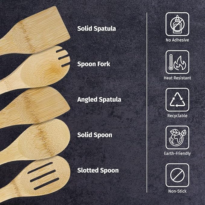 PrintSupremacy Bamboo Cooking Spoons Set, Non Stick Wooden Kitchen Gadget Pan Cookware, Baking Gift for Housewarming Wedding Birthday, Chef Foodie Gift (Plain, 1 Piece - Angled Spatula)
