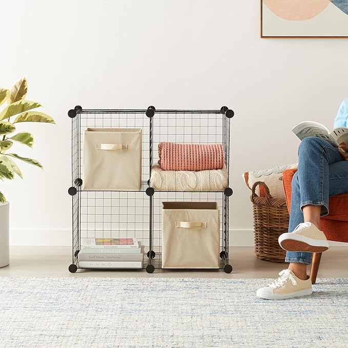 Basics 4 Cube Storage Organizer - Wire Grid Closet and Shelves, Stackable, Black 14"x14"x14"