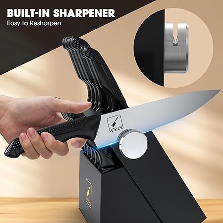 iMarku 14-Piece Professional Knife Set with Built-in Sharpener, Stainless Steel Blades, Non-Slip Ergonomic Handles, Dishwasher Safe, Black