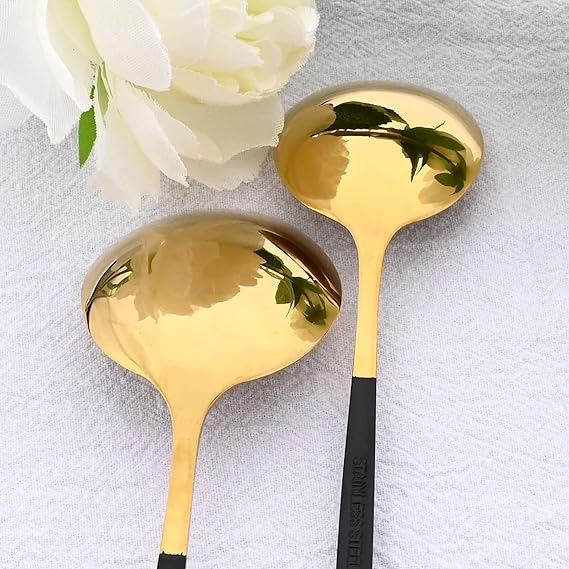 6 Pieces Black Gold Dessert Spoons, 7.28-Inches Food Grade Stainless Steel Spoons for Dessert Salad Appetizer, Use for Home Kitchen or Restaurant