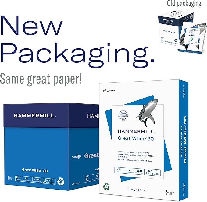 Hammermill Printer Paper, Great White 30 Recycled Paper, 8.5 x 11 - 92 Bright, Made in the USA, 086820C - 3 Ream (1,500 Sheets)