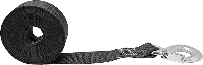 CustomTieDowns 1.5 Inch Strap, Forged Snap Hook On One End, 1 Inch Loop Opening On The Opposite End for Attachment to Winch, Total Strap Length 16 Ft, Polyester Tie-Down Webbing.