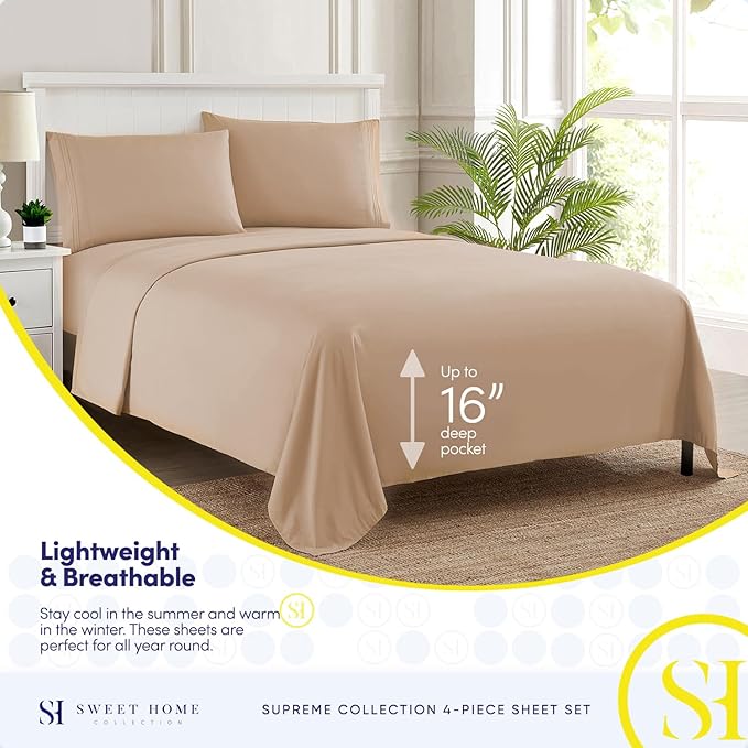 Queen Size Bed Sheets - Breathable Luxury Sheets with Full Elastic Secure Corner Straps Built In - 1800 Supreme Collection Extra Soft Deep Pocket Bedding Set, Sheet Set, Queen, Taupe