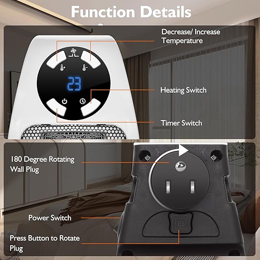 Ecowarm Plug in Heater, 500W Wall Outlet Electric Space Heater as Seen on TV, Small Portable Space Heater with Adjustable Thermostat & Timer & Led Display for Office Bathroom Bedroom Indoor Use