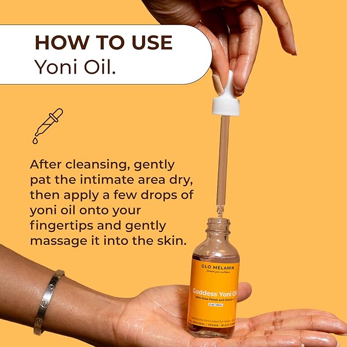 Glo Melanin Yoni Oil Wash for Women pH Balance and Wetness, Vaginal or Feminine Oil for Ingrown Hair with Rose Petals, Almond, Vitamin E Jojoba Oils Herbal Blend for Yoni Care (2 oz / 60ml)