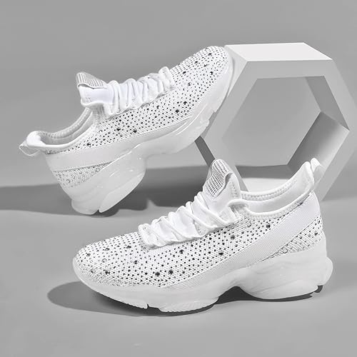 BELOS Women's Rhinestone Mesh Slip On Walking Shoes Fashion Breathable Spakle Glitter Sneaker