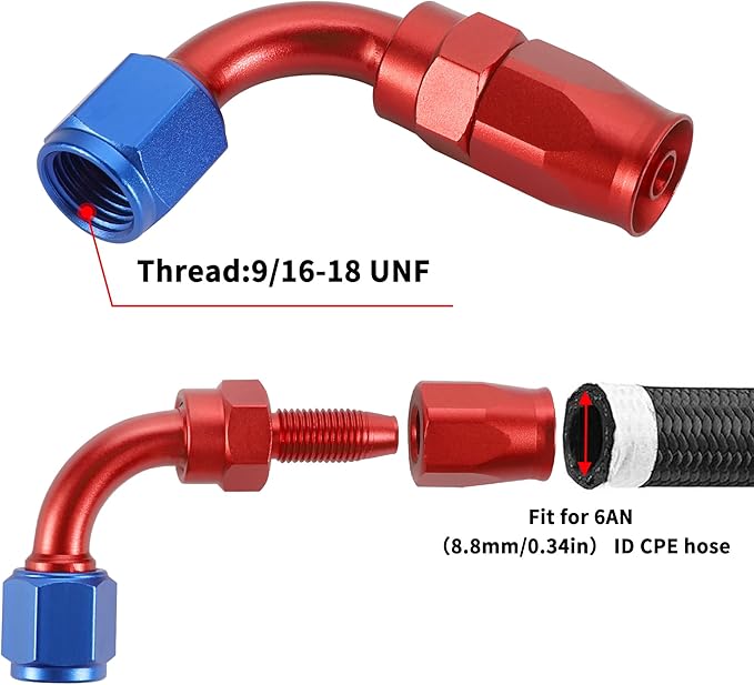 TOMALL 6AN 90 degree Hose End Fitting Swivel Aluminum 2PCS for Braided Fuel Oil Gas Line Hose End (RedBlue)